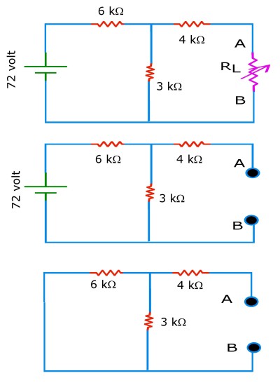 Example problem for Thevenin's theorem illustration. Diagram 1: given circuit. Diagram 2: determination of Thevenin voltage. Diagram 3: determination of Thevenin resistance.